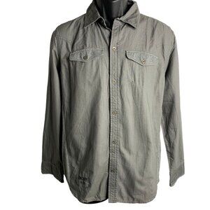 DKNY Button Up Roll Tab Sleeve Shirt M Grey Collar Chest Pockets Mixed Fabric